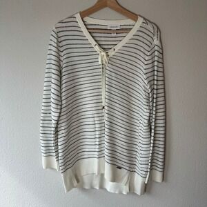 Calvin‎ Klein Womens Cream Black Gold Striped Lace Up V-Neck Sweater Size L